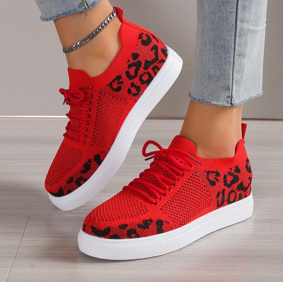 (Out Of Stock) Red Leopard Lace-Up Sneakers - Picture 2 of 7